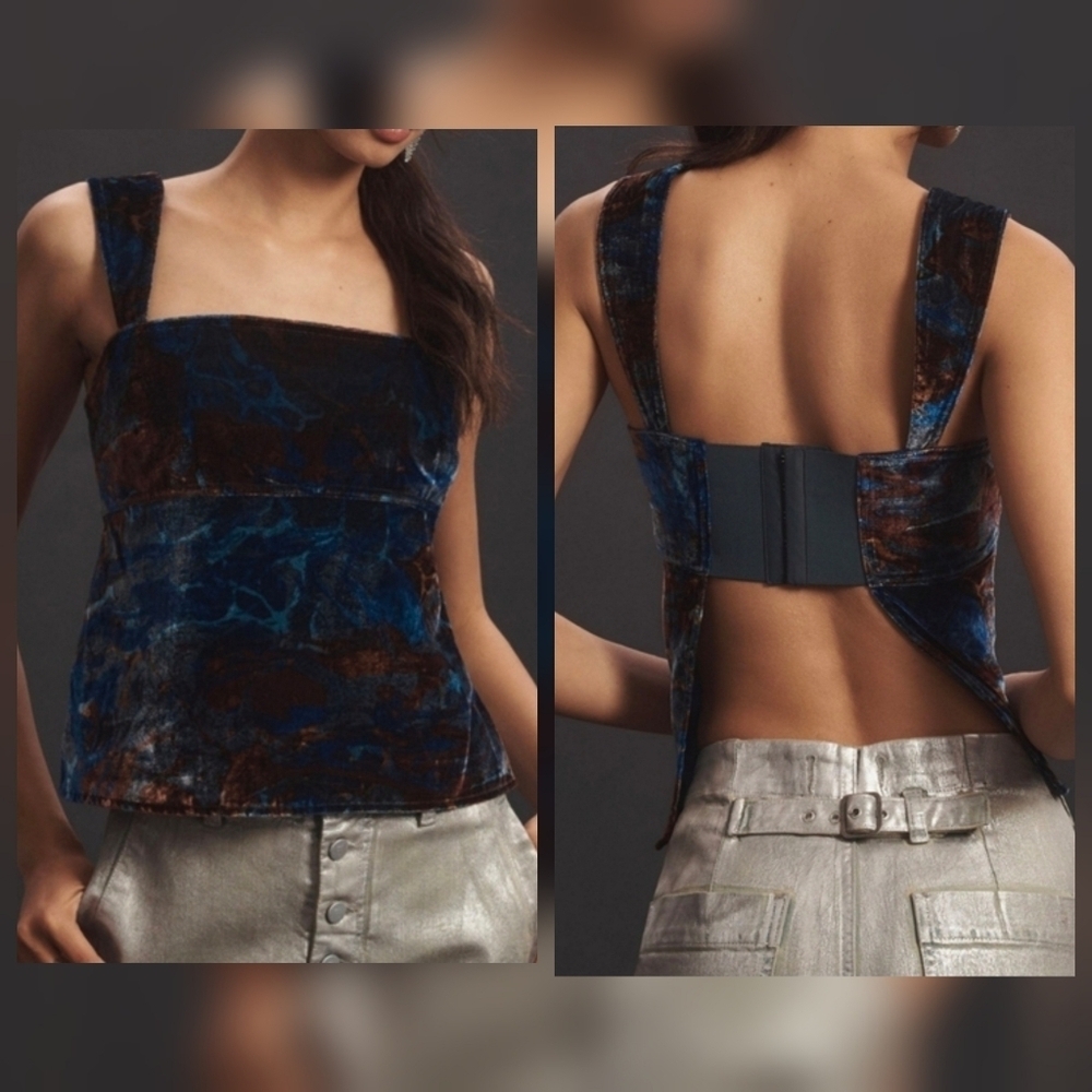 Pilcro by Anthropologie Velvet Flyaway Open Back Tank Top, Blue Brown Pattern, L